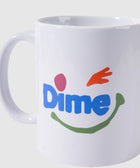 White ceramic mug with colorful smiley face and 'Dime' graphic on front