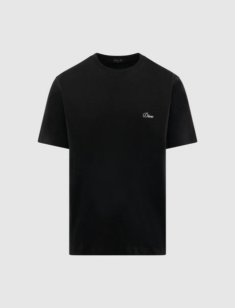 Black short sleeve men's streetwear t-shirt with small white chest logo on plain background