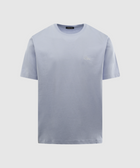 Light grey short sleeve men's streetwear t-shirt with small chest embroidery, flat lay
