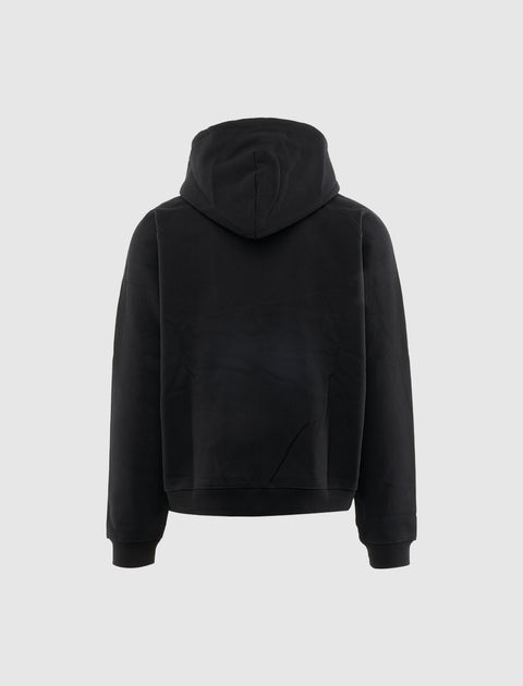 Back view of a plain black hooded streetwear sweatshirt on light background