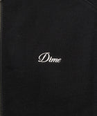 Close-up of black zip-up hoodie with white Dime logo embroidery