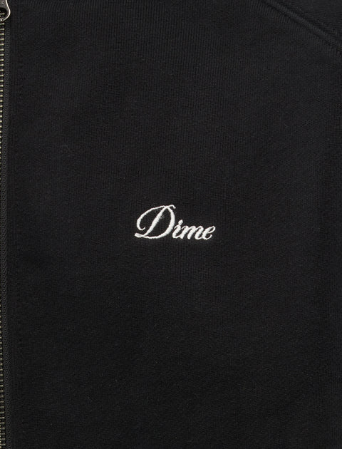 Close-up of black zip-up hoodie with white Dime logo embroidery