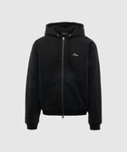 Black zip-up hoodie with drawstrings and front pockets, minimal embroidered logo on chest