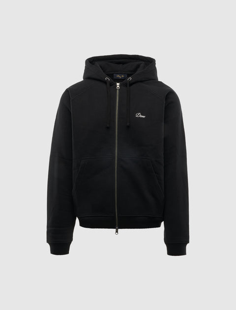 Black zip-up hoodie with drawstrings and front pockets, minimal embroidered logo on chest