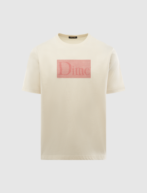 Beige men's streetwear t-shirt with red graphic rectangle and Dime text on chest