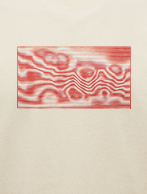 Beige streetwear t-shirt with red wavy line graphic rectangle on chest