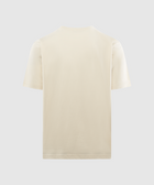 Back view of plain beige short-sleeve men's streetwear t-shirt on white background