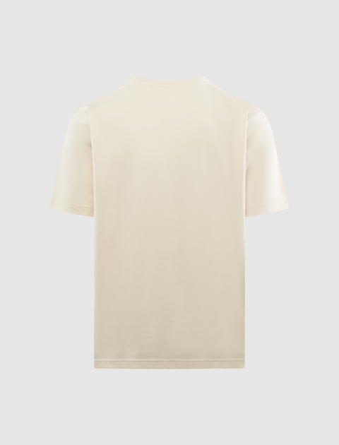 Back view of plain beige short-sleeve men's streetwear t-shirt on white background