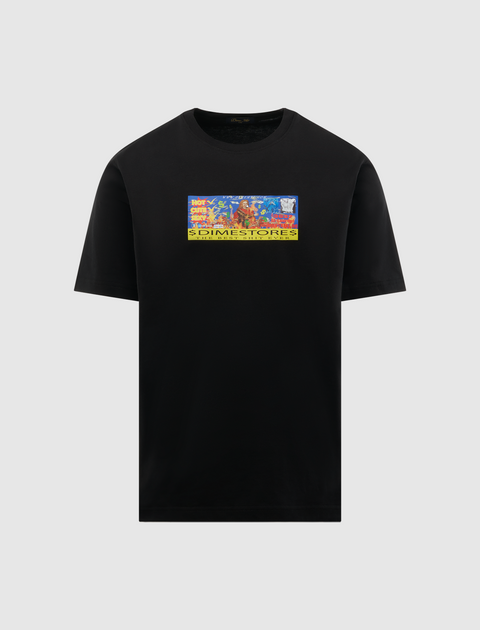 Black short-sleeve streetwear t-shirt with colorful graphic patch on chest, text reads $DIMESTORES.