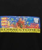 Black streetwear t-shirt with colorful, graphic collage print and bold text, Dimestore slogan.