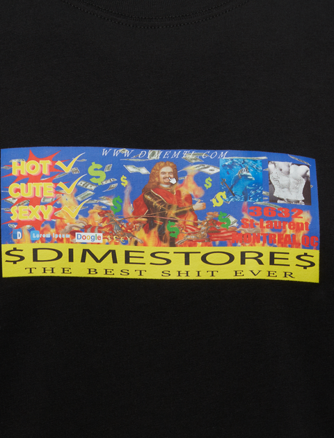 Black streetwear t-shirt with colorful, graphic collage print and bold text, Dimestore slogan.