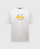 White streetwear t-shirt with colorful Dime logo and abstract face graphic on chest