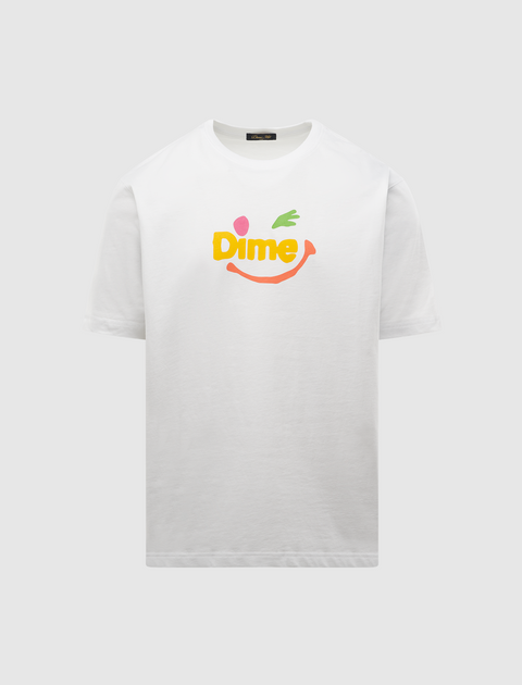 White streetwear t-shirt with colorful Dime logo and abstract face graphic on chest