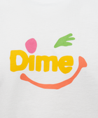 White streetwear t-shirt with colorful smiley face and bold Dime logo on chest