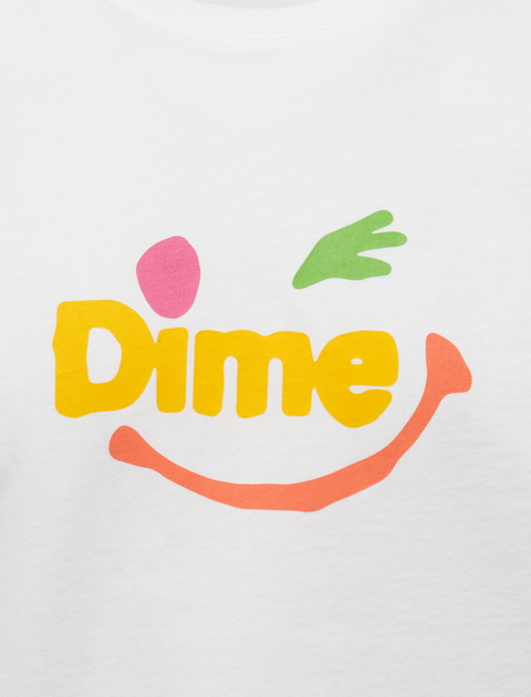 White streetwear t-shirt with colorful smiley face and bold Dime logo on chest