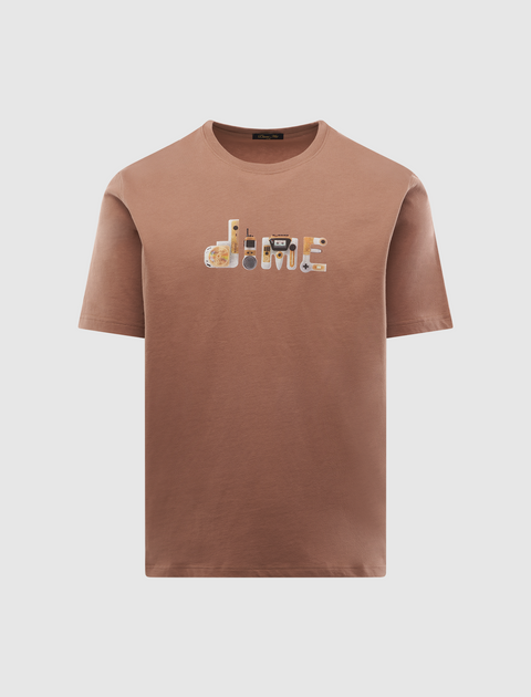 Brown streetwear t-shirt with graphic game-inspired 'dime' text on front