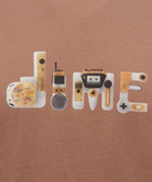 Brown streetwear shirt with 'dime' text creatively formed by retro gadgets graphic.