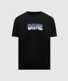 Black short sleeve streetwear t-shirt with bold blue DIME graphic on chest