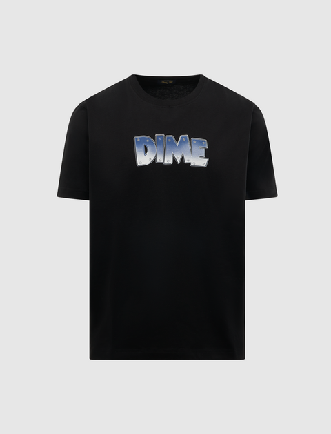 Black short sleeve streetwear t-shirt with bold blue DIME graphic on chest