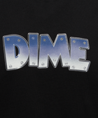 Black streetwear t-shirt with metallic DIME graphic across the chest