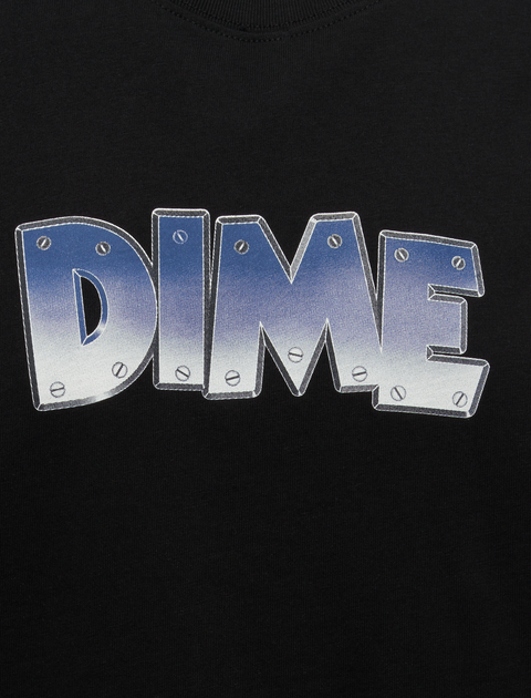 Black streetwear t-shirt with metallic DIME graphic across the chest