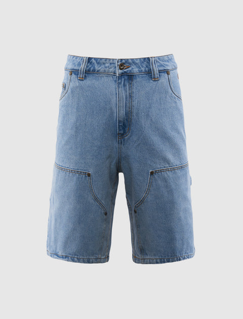Men's light blue denim shorts with front pockets and belt loops