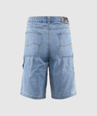 Back view of blue denim men's shorts with large pockets and black patch detail