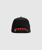 Black streetwear cap with red and yellow DIME logo and spiderweb embroidery on top