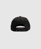 Black snapback hat with embroidered spiderweb design on back, streetwear cap