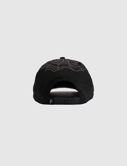 Black snapback hat with embroidered spiderweb design on back, streetwear cap