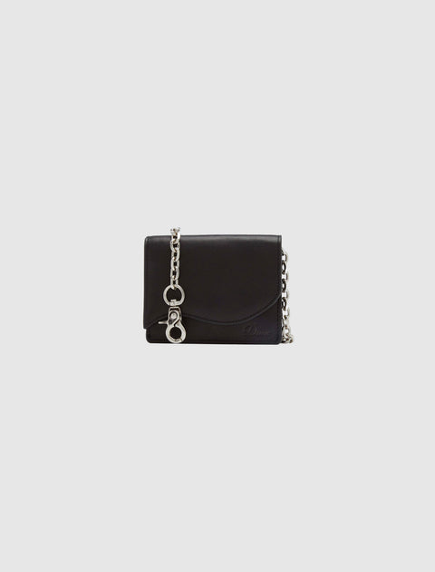 Black streetwear crossbody bag with silver chain strap and clasp on white background