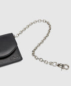 Black leather wallet with silver chain and clasp on light background