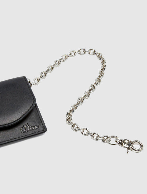 Black leather wallet with silver chain and clasp on light background