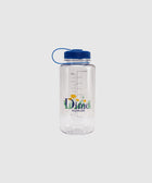 Clear plastic water bottle with blue lid, Dime Plein-Air floral print and measurement markings