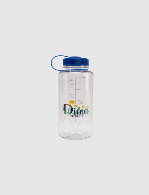 Clear plastic water bottle with blue lid, Dime Plein-Air floral print and measurement markings