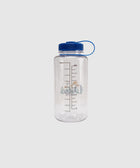 Clear plastic water bottle with blue screw lid, measurement markings, and nature graphics