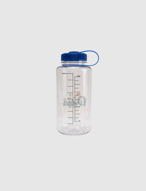 Clear plastic water bottle with blue screw lid, measurement markings, and nature graphics