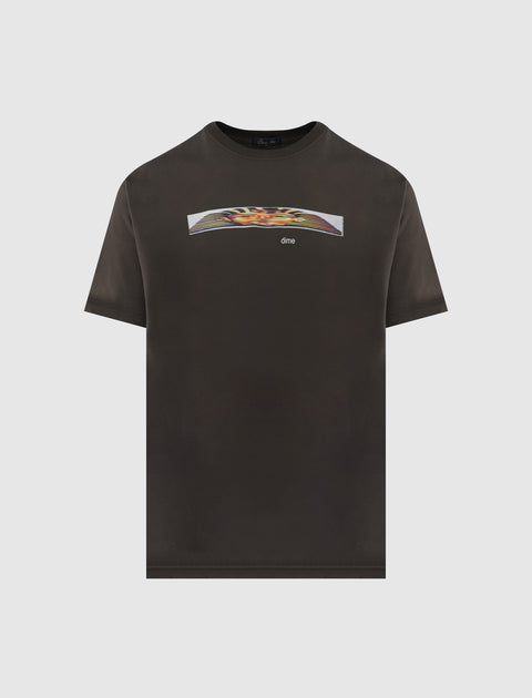 Black short-sleeve streetwear t-shirt with abstract graphic and 'dime' text on front