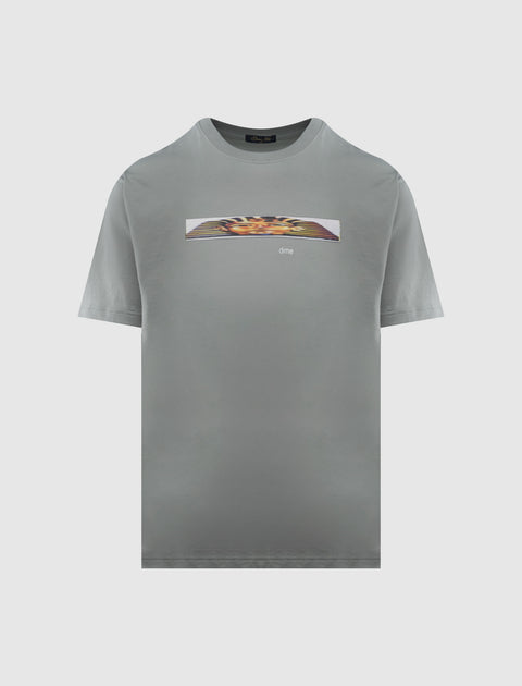 Grey men's streetwear t-shirt with abstract graphic and small 'dime' text on chest
