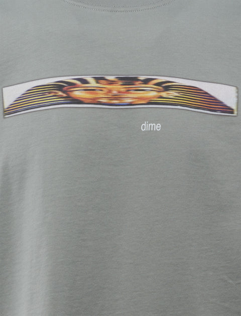 Grey graphic streetwear t-shirt with distorted pharaoh print and 'dime' text on chest