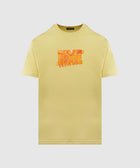 Yellow men's streetwear t-shirt with bold orange graphic logo on chest, short sleeves