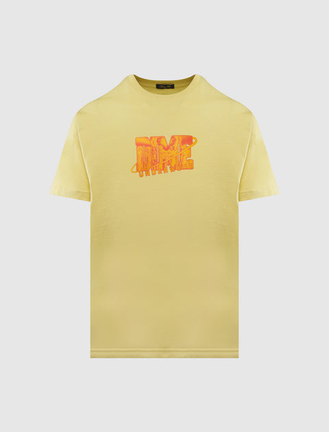 Yellow men's streetwear t-shirt with bold orange graphic logo on chest, short sleeves