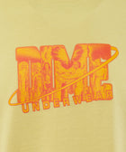 Yellow t-shirt with bold orange DIME UNDERWEAR graphic and retro figures print