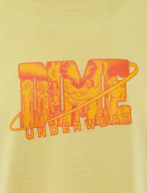 Yellow t-shirt with bold orange DIME UNDERWEAR graphic and retro figures print