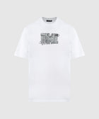 White short sleeve streetwear t-shirt with metallic graphic and text on the front