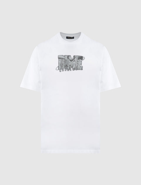 White short sleeve streetwear t-shirt with metallic graphic and text on the front