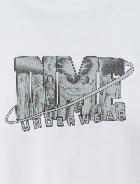 White graphic t-shirt featuring DIME UNDERWEAR text with vintage-style human figures.