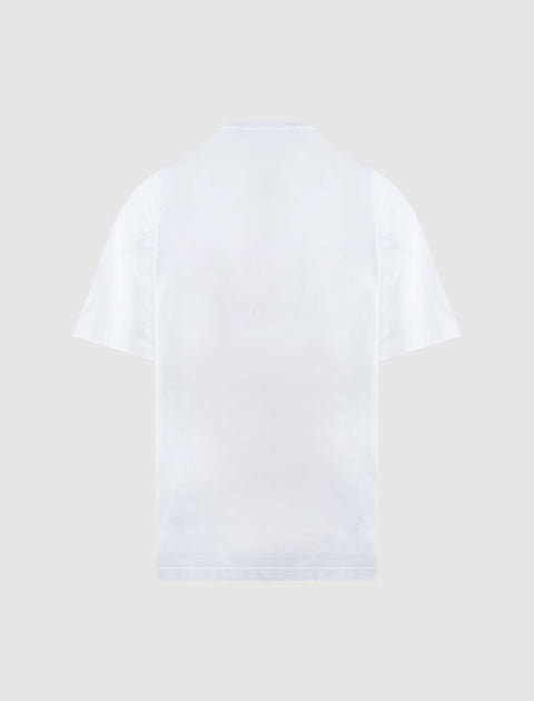 Back view of plain white short sleeve men's streetwear t-shirt on grey background