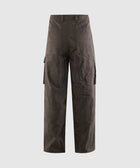 Back view of brown men's cargo pants with large back pockets and wide legs