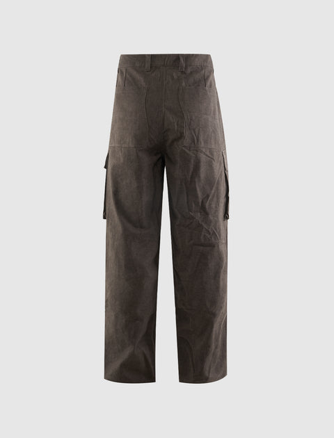 Back view of brown men's cargo pants with large back pockets and wide legs